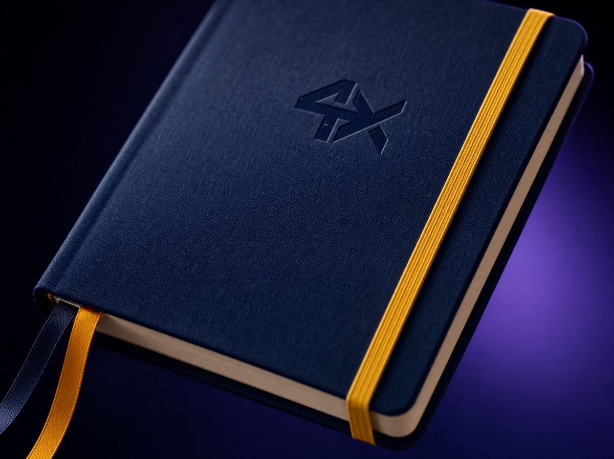 Close-up of the 4X journal: embossed 4X logo, saffron elastic band and dual ribbon markers on navy linen