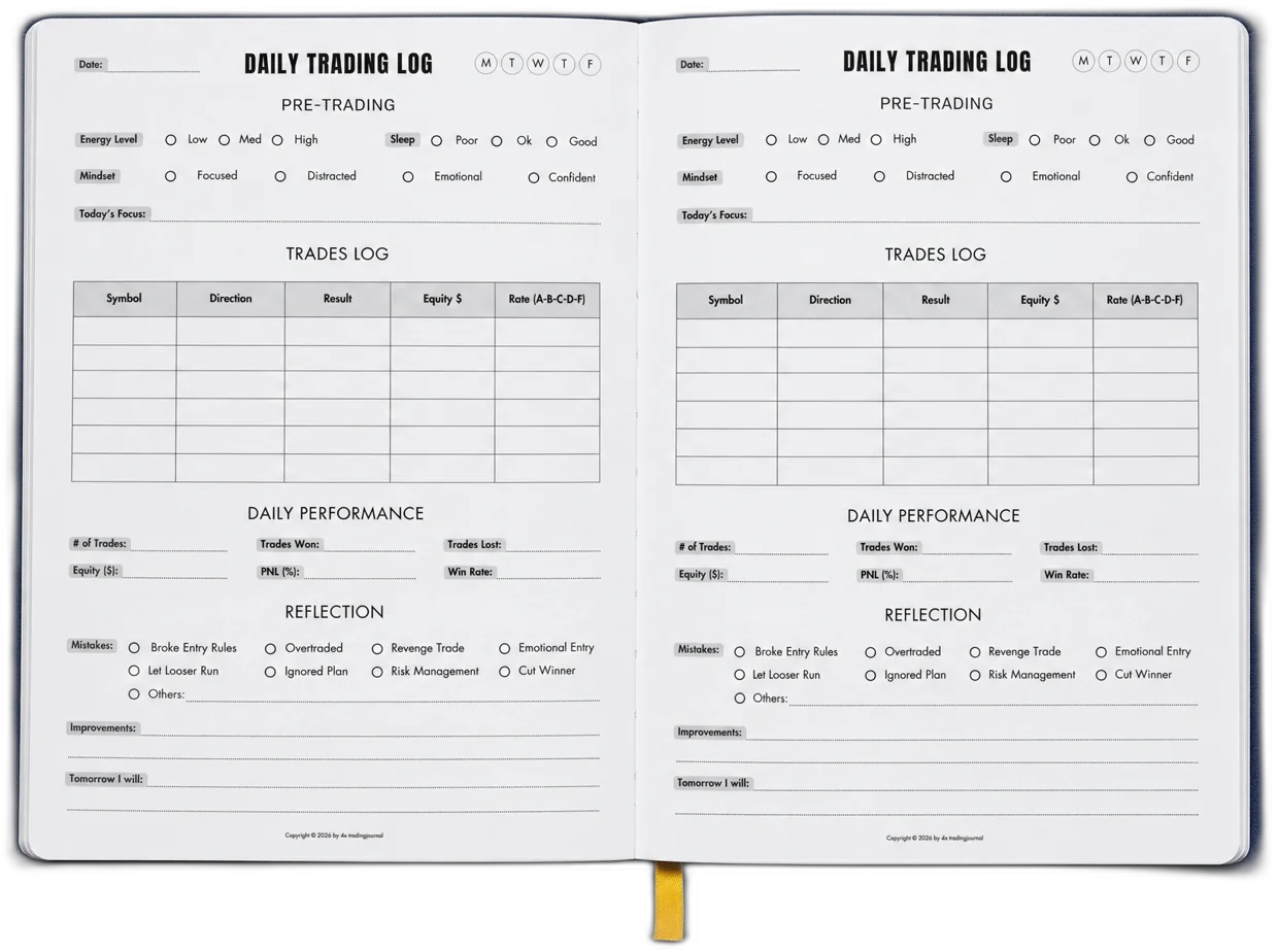 Inside the 4X Trading Journal: an open Daily Trading Log spread with pre-trading, trades log and reflection sections
